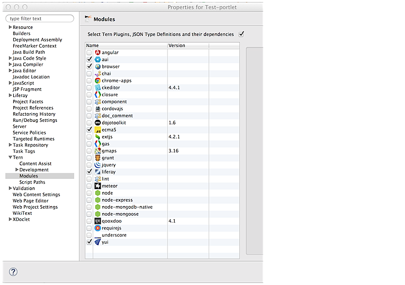 Figure 2: By selecting these Tern modules, you can use AlloyUI code assist features in your project.