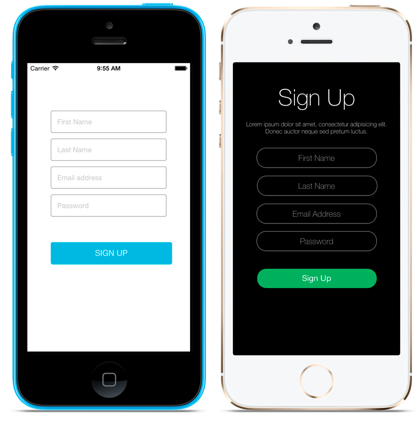 The Sign Up Screenlet with the Default and Flat7 Themes.