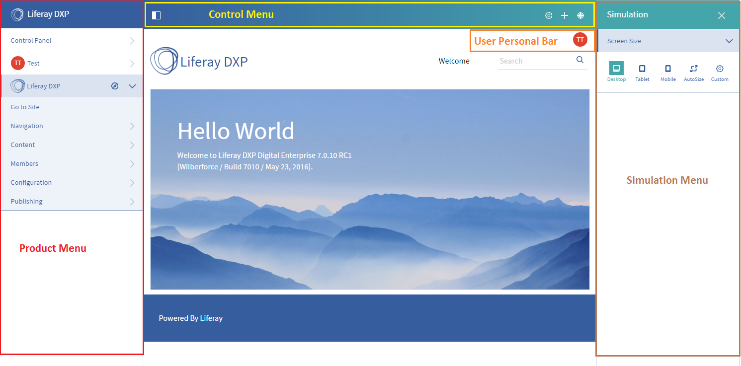 Figure 1: The main product navigation menus include the Product Menu, Control Menu, Simulation Menu, and User Personal Bar.