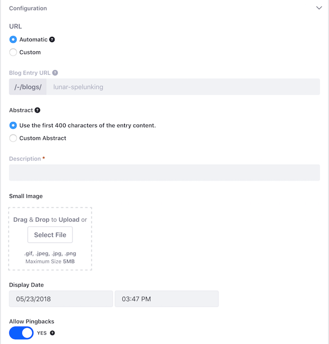Figure 2: When creating a blog entry, the Configuration panel lets you control when and where the blog entry appears, and what to use for the entrys abstract.