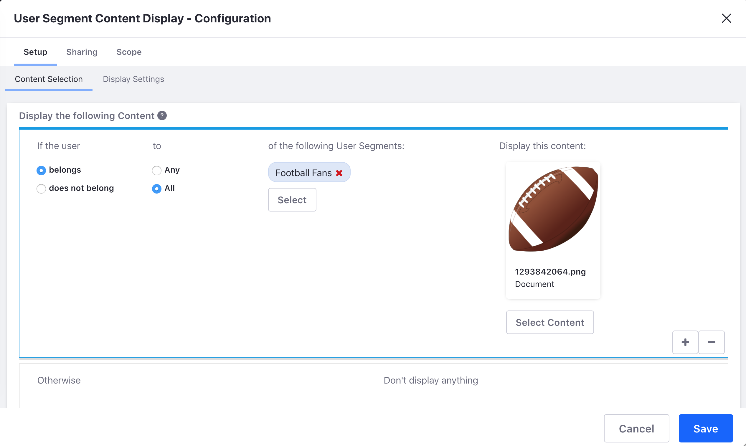 Figure 1: You can configure the User Segment Content Display widget to display content according to rules that you define in the widgets configuration window.