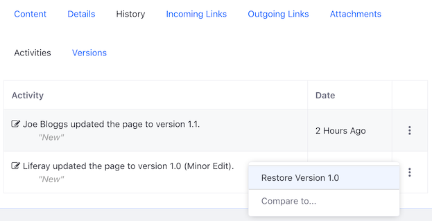 Figure 3: The Activities tab displays the actions taken on the wiki page.
