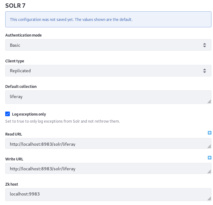 Figure 2: You can configure Solr from Liferay DXPs System Settings application. This is most useful during development and testing.