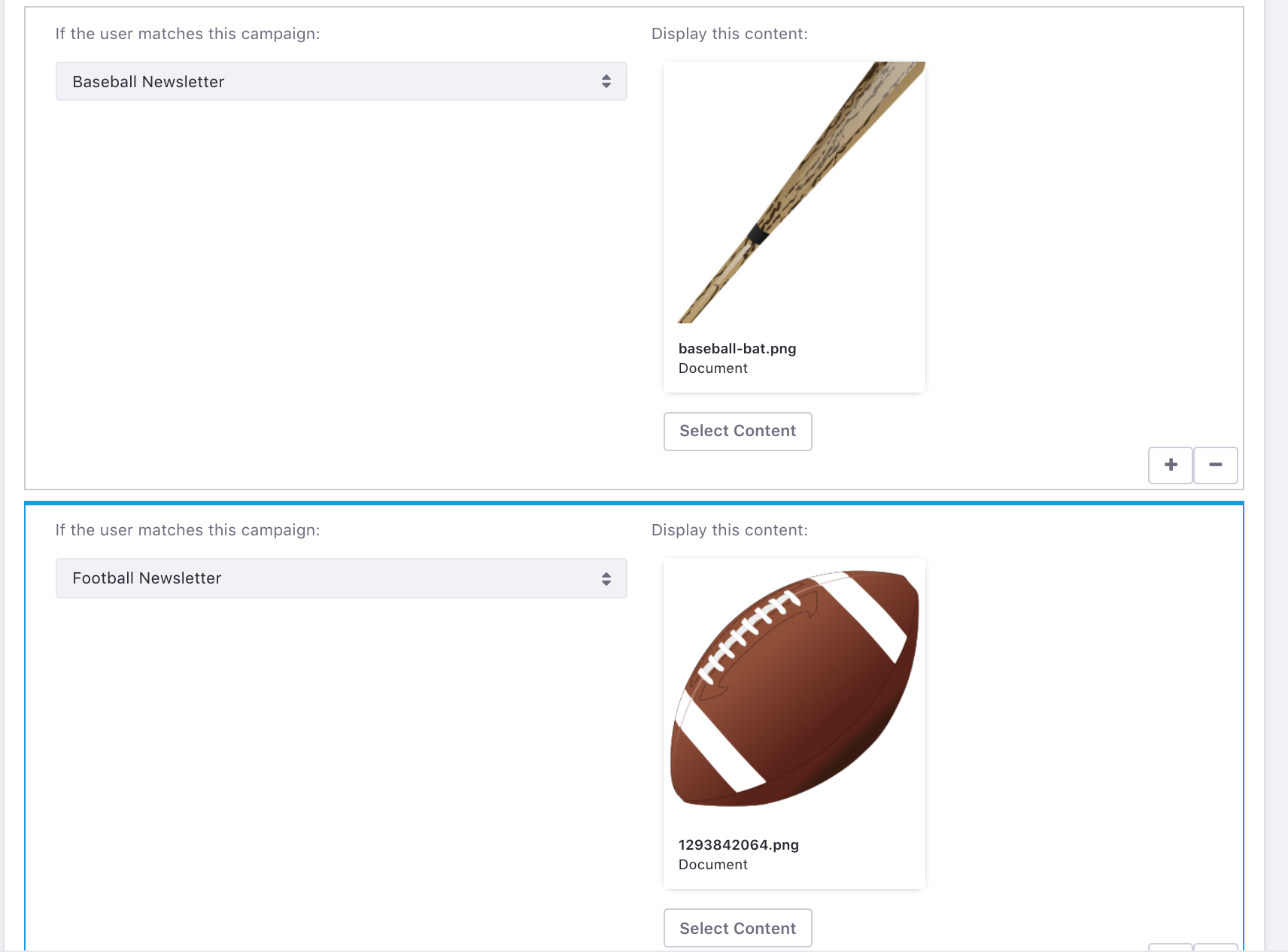 Figure 3: The rules for configuring the Campaign Content Display widget to display content are similar to the rules of the User Segment Content Display widget, but simpler.