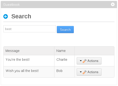 Figure 1: The search results should appear in a Search Container and the Actions button should appear for each entry. The search bar should also be displayed.