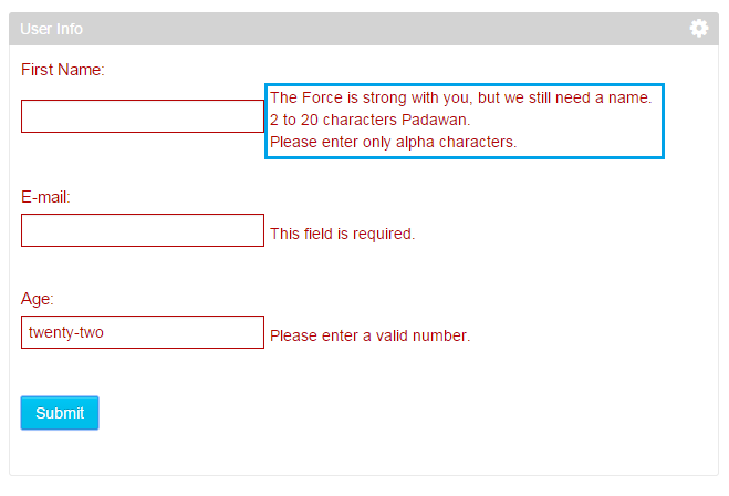 Figure 2: Here, the AUI form validator is used to display multiple custom validation messages for an input field.