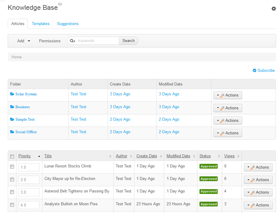 Figure 14.26: You can manage Knowledge Base articles, folders, templates, and suggestions from the Knowledge Base portlet.