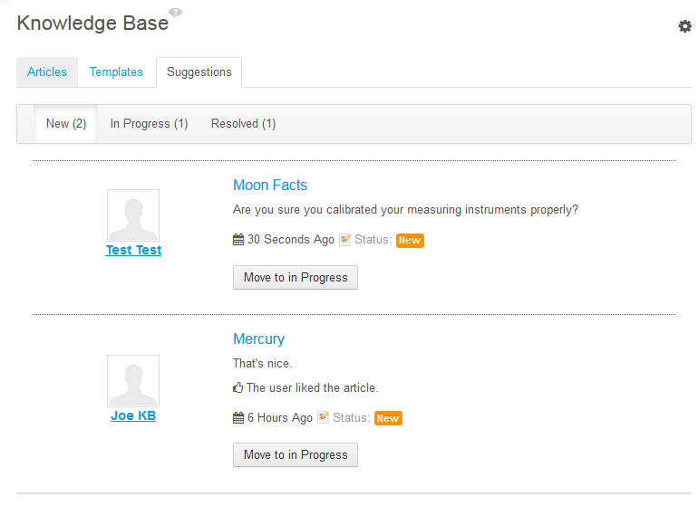 Figure 14.29: The Suggestions tab in the Knowledge Base portlet helps you monitor article feedback and mark progress in addressing feedback.