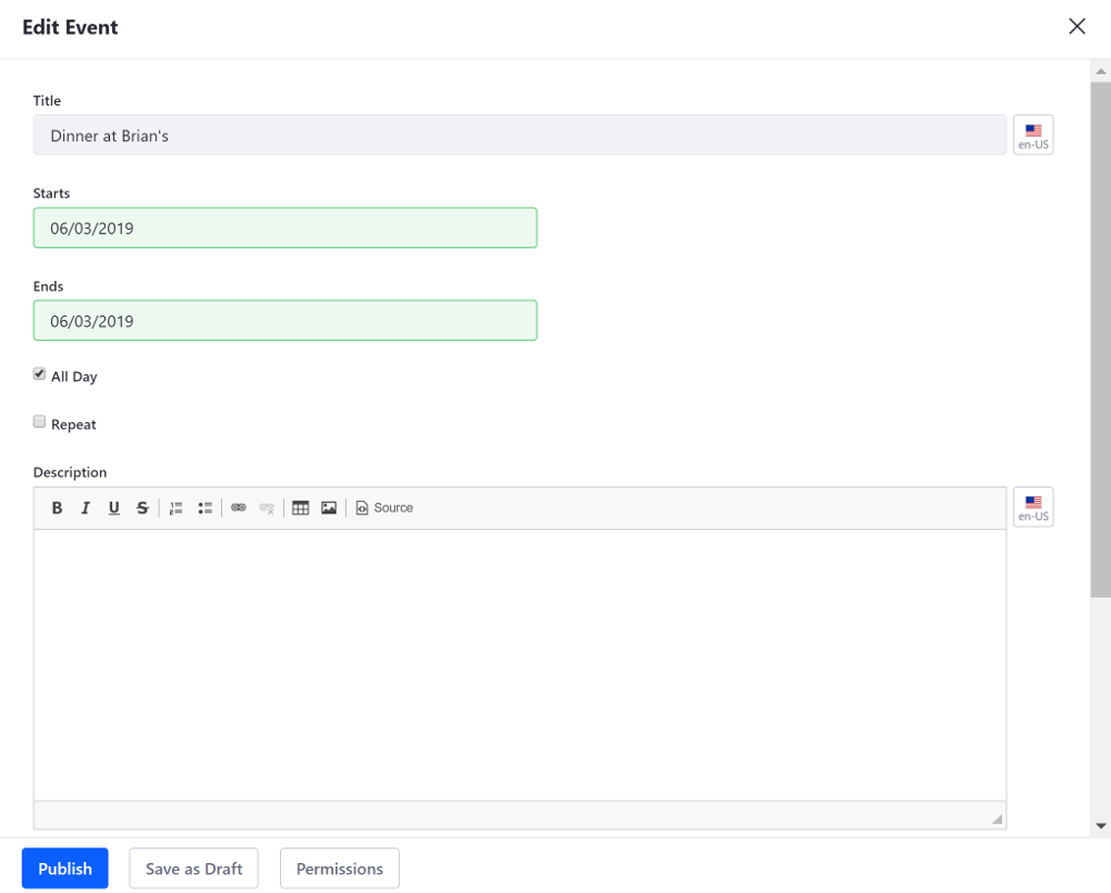 Figure 4: You can specify event details such as the event title, start date, end date, description, location, and more.