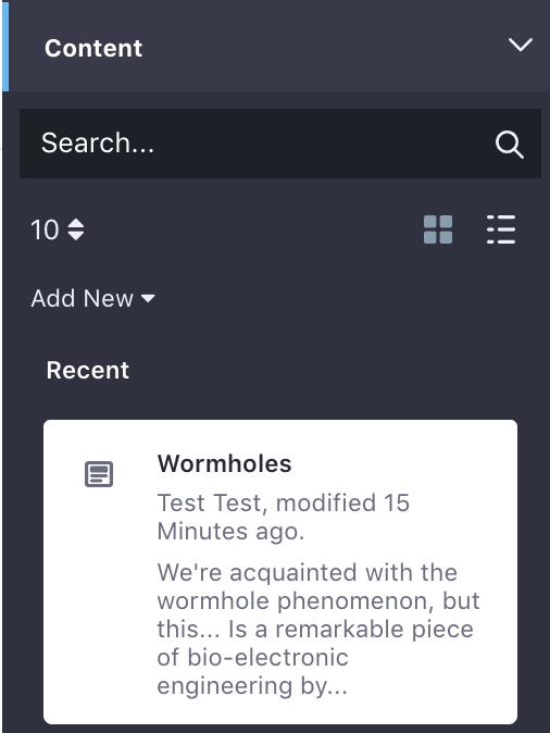 Figure 2: The preview template displays a preview of the asset in the Content section of the Add menu.
