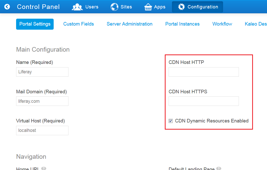 Figure 5.8: The Control Panel lets you configure your portals CDN.