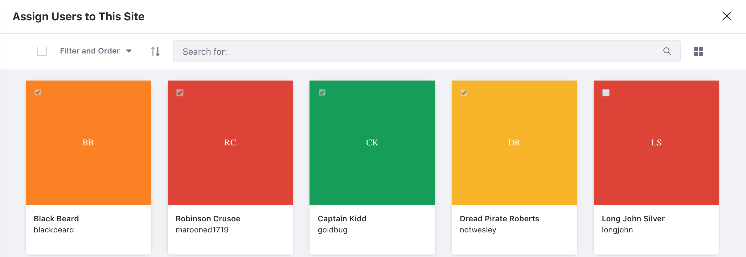 Figure 2: The list of users available to add to the current Site. Note that the current members are visible but cannot be added or removed here. 