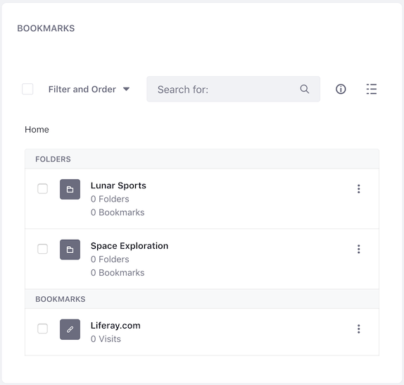 Figure 1: The Bookmarks widget displays bookmarks and folders for bookmarks.