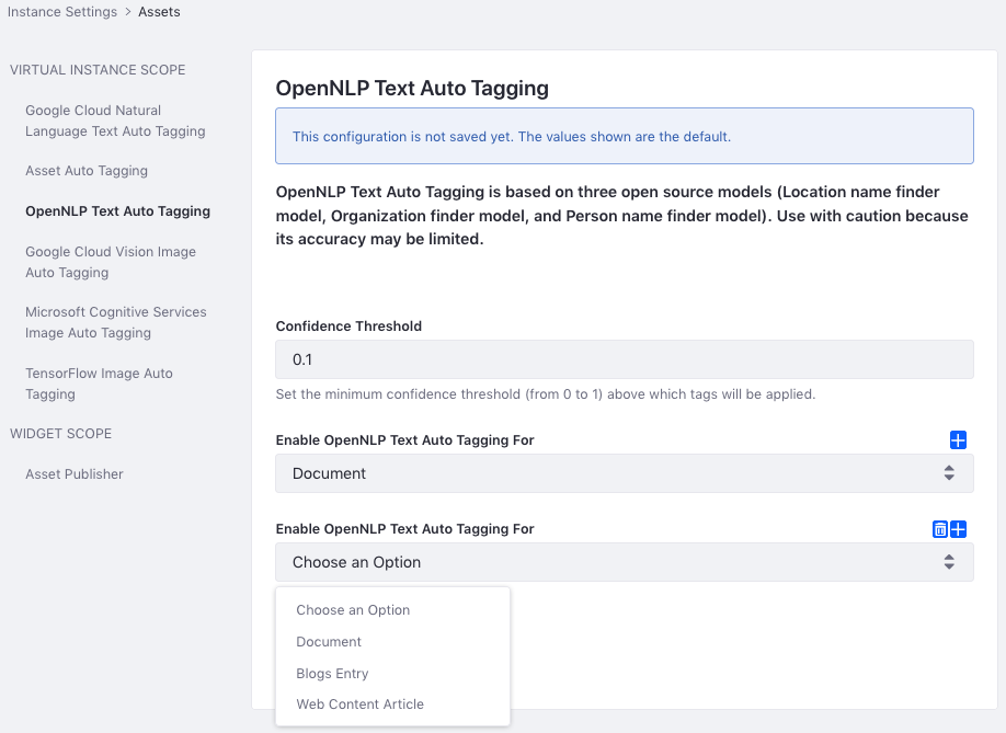 Figure 2: Configure OpenNLP text auto tagging for your portal instances.