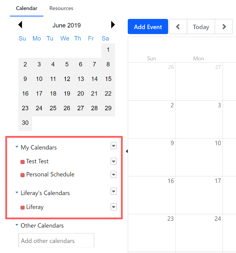 Figure 2: Personal and Site calendars are shown in the lower left. This image shows calendars belonging to User Test Test and Site Liferay DXP.