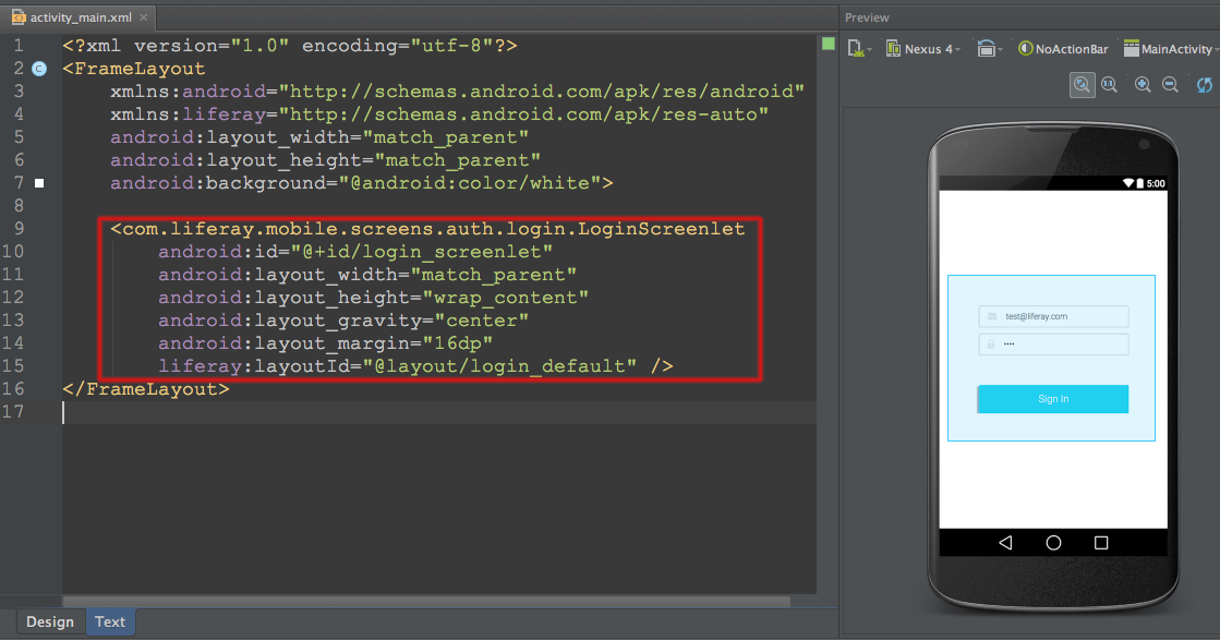 図1：Android Studioのアクティビティのレイアウトにあるログインスクリーンレットです。