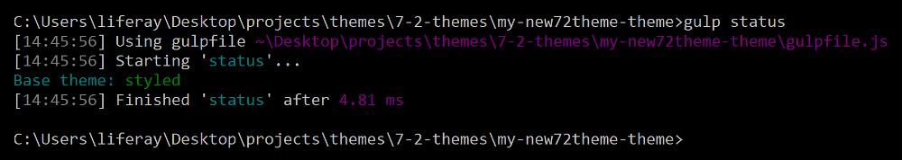 Figure 1: Run the gulp status task to list your themes current extensions.