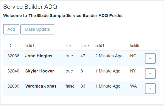 Figure 1: This sample provides options to add entities and perform a mass update.