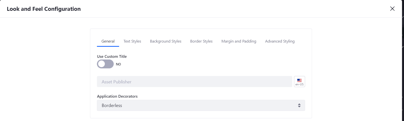 Figure 1: The General tab of the Look and Feel Configuration menu lets you define a custom widget title and select the widget contrast option using decorators.