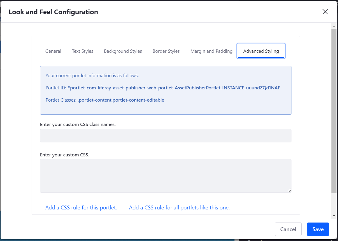 Figure 6: The Advanced Styling tab displays your widgets Liferay ID and allows you to enter CSS code to customize the look and feel of your widget.