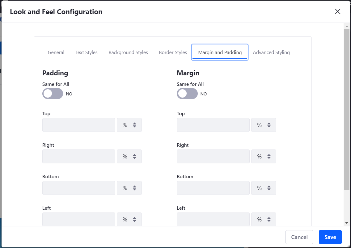 Figure 5: The Margin and Padding tab allows you to specify margin and padding lengths for the sides of your widget.