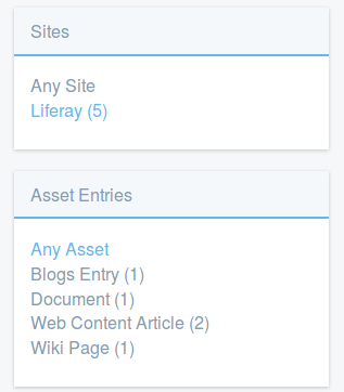 Figure 4: Sites and Asset Entries are two of the facet sets youll encounter. They let you drill down to results that contain the search terms you entered.