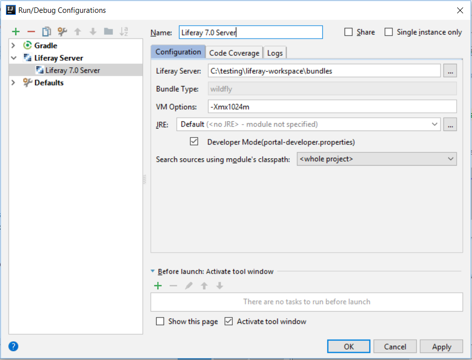 Figure 2: Set your Liferay servers configurations in the Run/Debug Configurations menu.