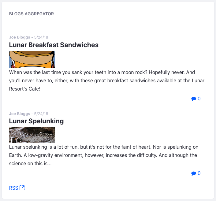 Figure 1: The Blogs Aggregator lets you display blog entries authored by multiple authors from different sites.