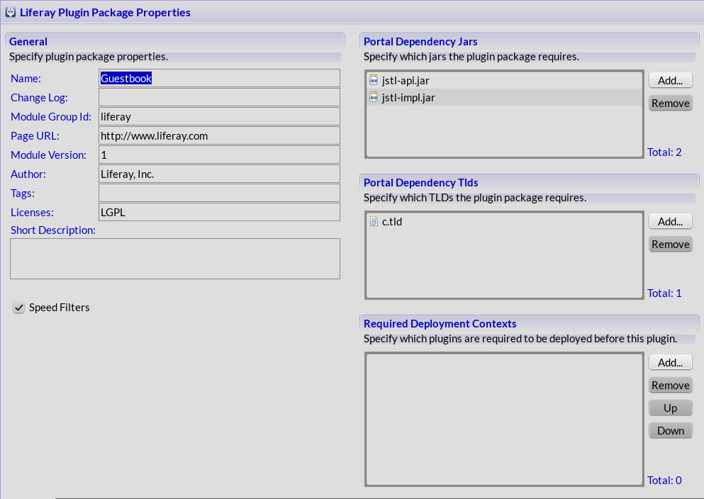 Figure 1: The liferay-plugin-package.properties editor in Liferay IDE/Developer Studio makes it easy to configure new .jars and tag libraries in your applications