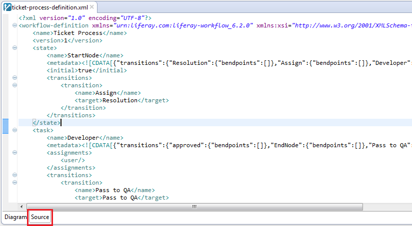 Figure 9: Feel free to switch between Diagram and Source modes of your workflow editor in Kaleo Designer for Java.