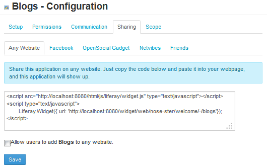 Figure 4.11: The Sharing tab of the Portlet Configuration Dialog Box allows you to share your portlet in a variety of ways.
