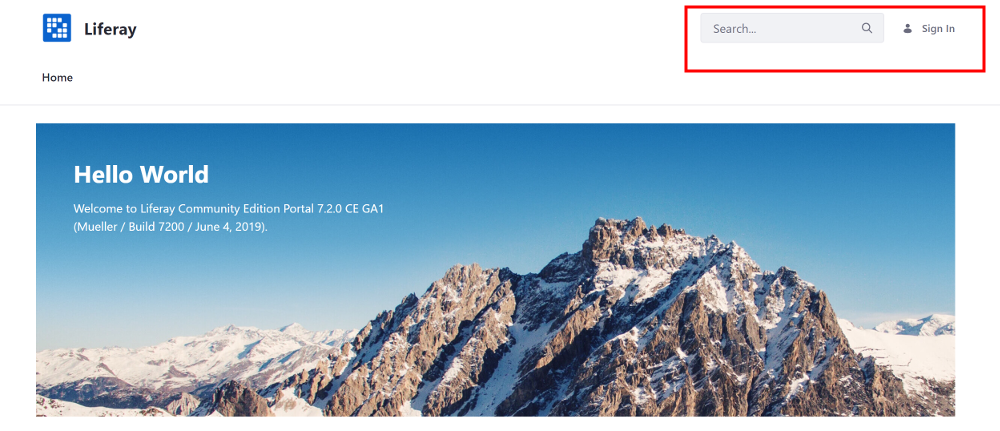 Figure 1: Liferay DXPs home pages search and sign in components are in a fieldset.