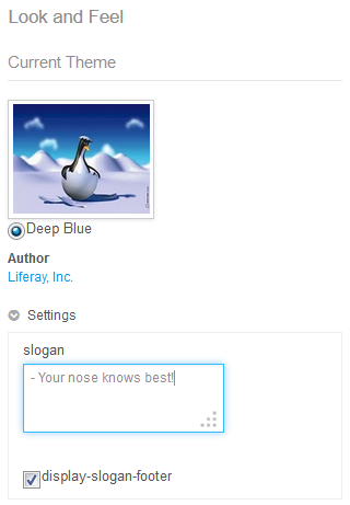 Figure 1: Here are examples of configurable settings for the site admin to enter a slogan and display the themes footer. Themes and their settings are available in the Look and Feel of a sites page settings.