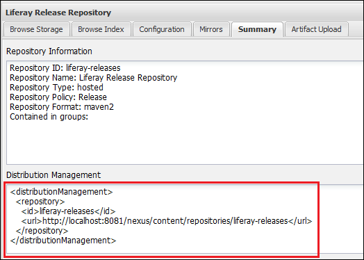 Figure 9.13: Select the Summary tab of your repository to see how to specify it for distribution management in your plugins POM.