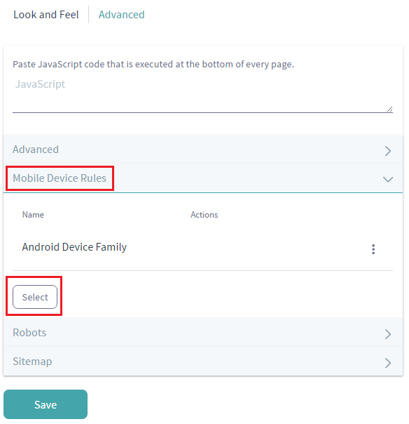 Figure 3.31: To apply a mobile device family to a page set of a site, click on Mobile Device Rules, click Select, and select the desired rule group.