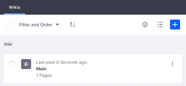 Figure 1: The Wiki app instance has a wiki node named Main with a single front page. You can build on the Main node or click the Add icon to create a new node.
