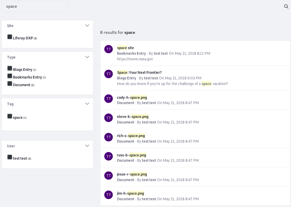 Figure 3: The default page is pre-configured with the Search Results widget and the various Facet widgets to provide a full search experience.
