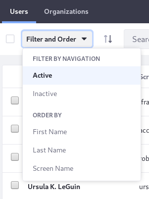 Figure 4: You can choose whether to view active or inactive (deactivated) portal users in the users list found at Product Menu → Control Panel → Users → Users and Organizations.