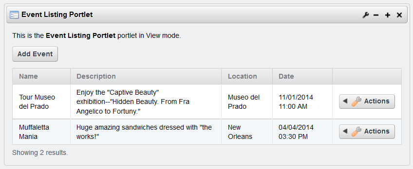 Figure 4.1: The Event Listing portlet lets you add and modify Nose-ster social events. The portlet relies on its event and location entities and the service infrastructure that Liferay Service Builder builds around them.