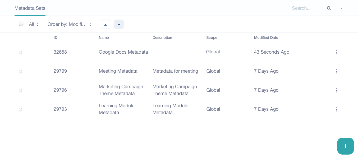 Figure 1: The Metadata Sets management window lets you view existing sets and create new ones for applying to document types.