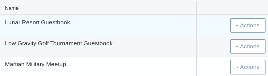 Figure 1: The Guestbook Admins main view currently shows the name of the guestbook and its actions button.