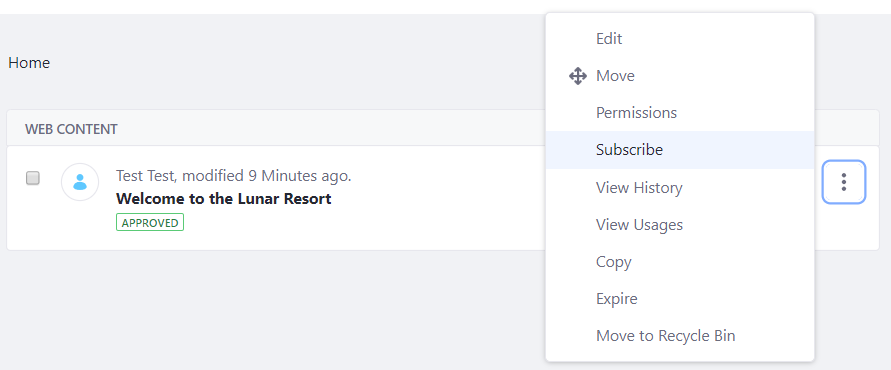 Figure 4: Click the Subscribe icon in the web content entitys Options menu to begin receiving web content notifications.