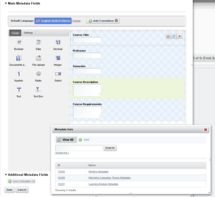 Figure 4.5: Selecting Additional Metadata Sets