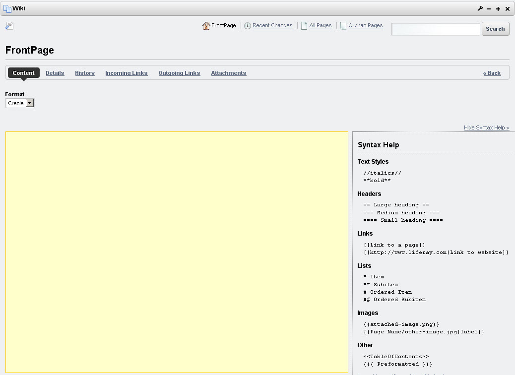 Figure 7.28: Editing the Default Page in the Wiki
Portlet