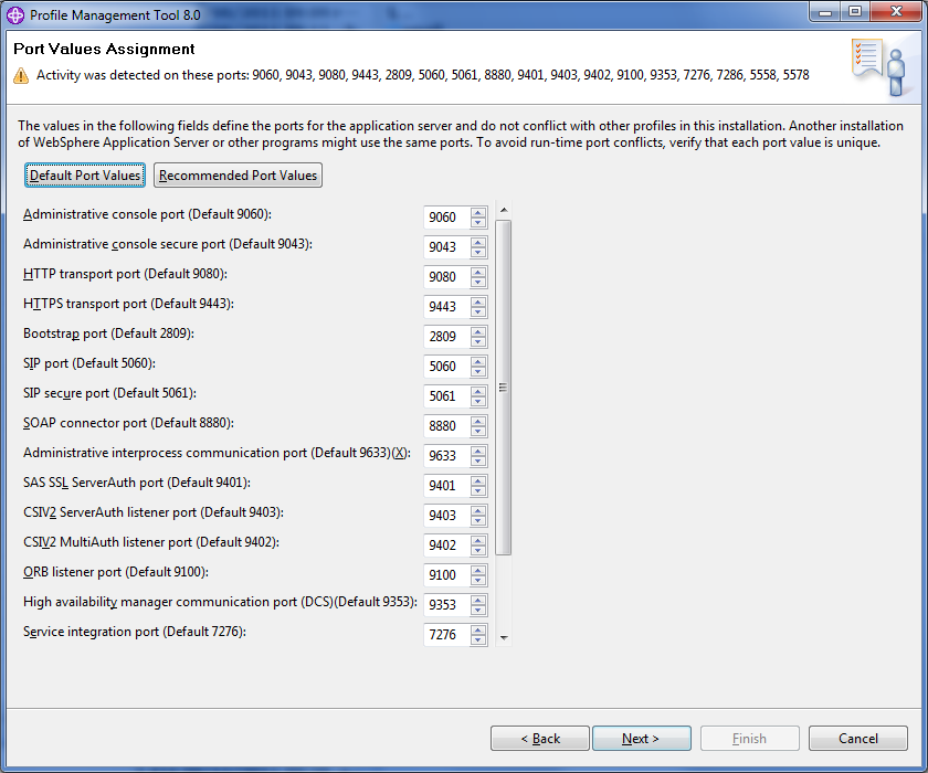 Figure 14.53: WebSphere gives you a nice user interface for customizing the ports your server uses.