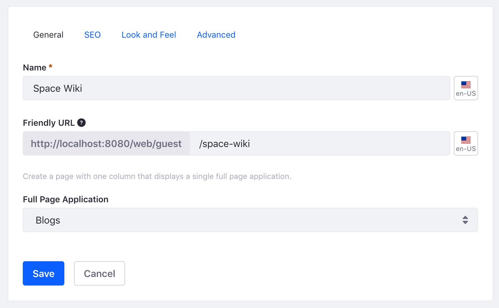 Figure 1: The Full Page Application configuration page.
