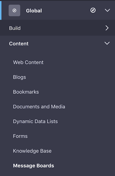 Figure 3: After changing to the global scope, select Message Boards from the Content menu in Site Administration.
