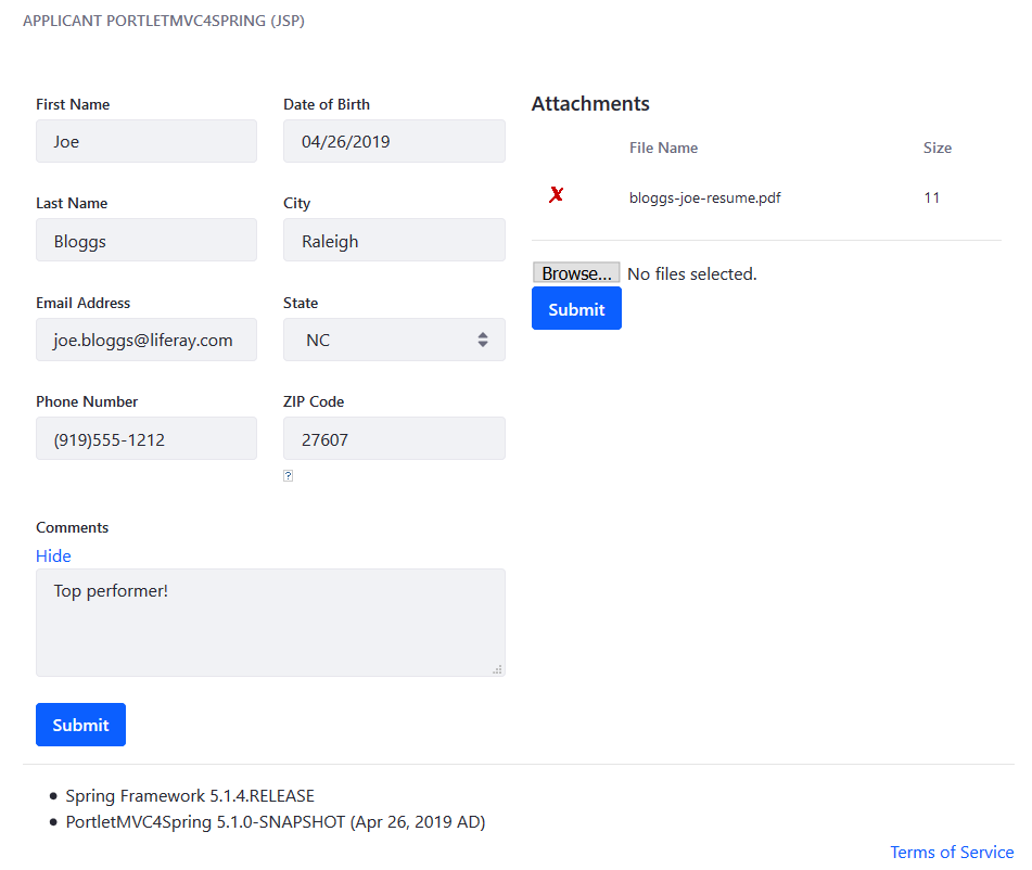 Figure 1: This PortletMVC4Spring portlet enables users to enter job applications. It uses the Spring features mentioned above and handles requests from multiple portlet phases.