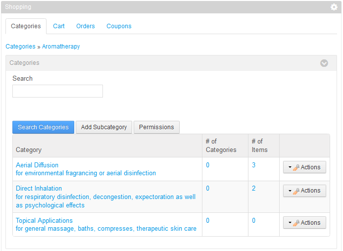 Figure 14.12: In this figure there are three subcategories for the Aromatherapy category. The first subcategory has three items, the second has two, and the third is empty.