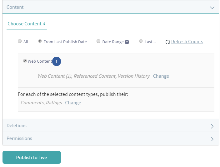 Figure 3: Click the Change button and uncheck the version history box to only publish the latest approved version of web content articles that have multiple versions.